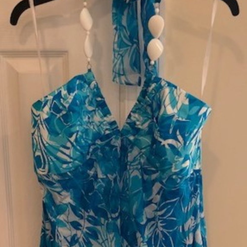 NEW Venus beaded halter aqua silk cocktail dress